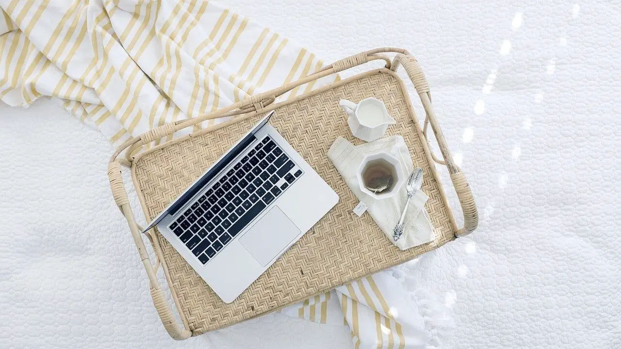 laptop computer, tray, tea