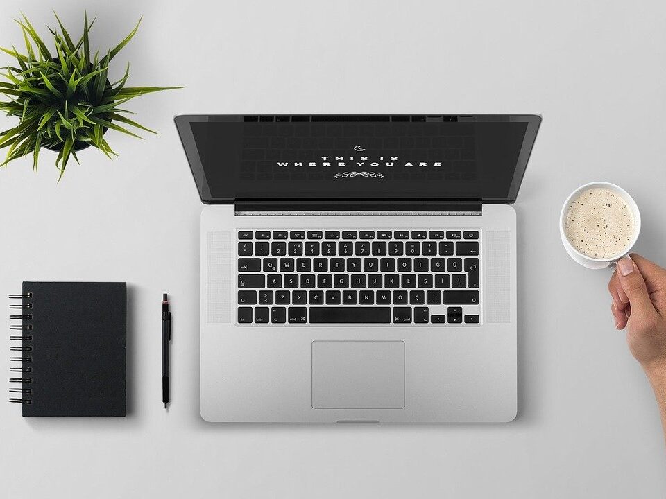 laptop, coffee, workspace