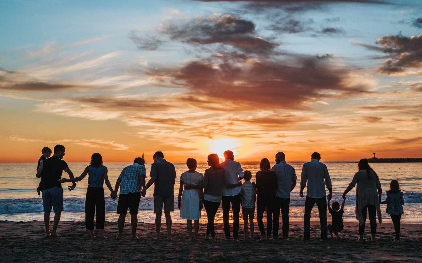 family, beach, sunset