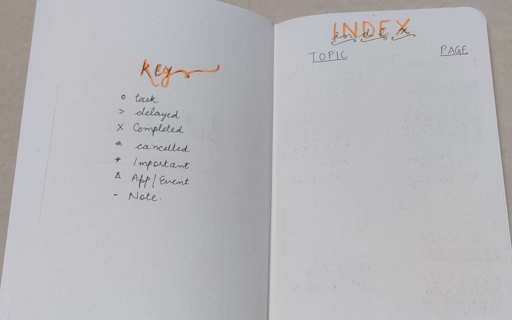 bullet journal key, index, first page
