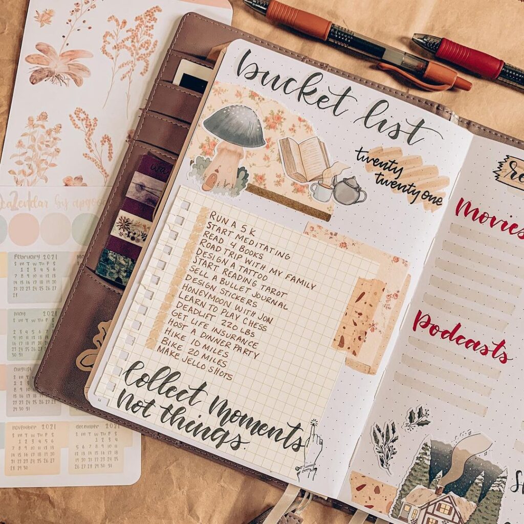 bullet journal page ideas, bucket list